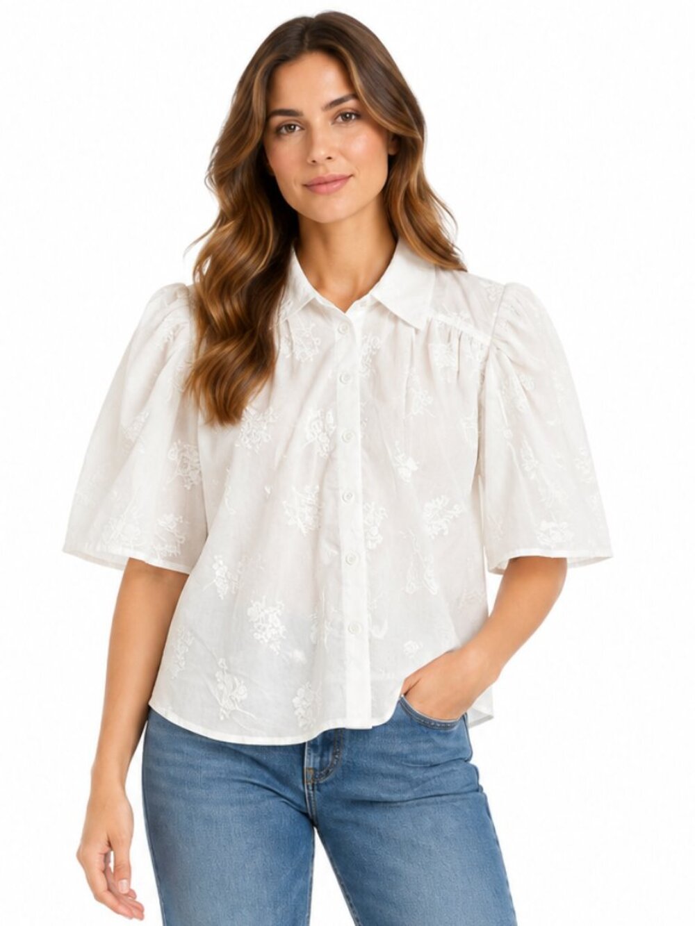 Caroline Constas Embroidered Floral Button Front Puff Sleeve Blouse XS NWT